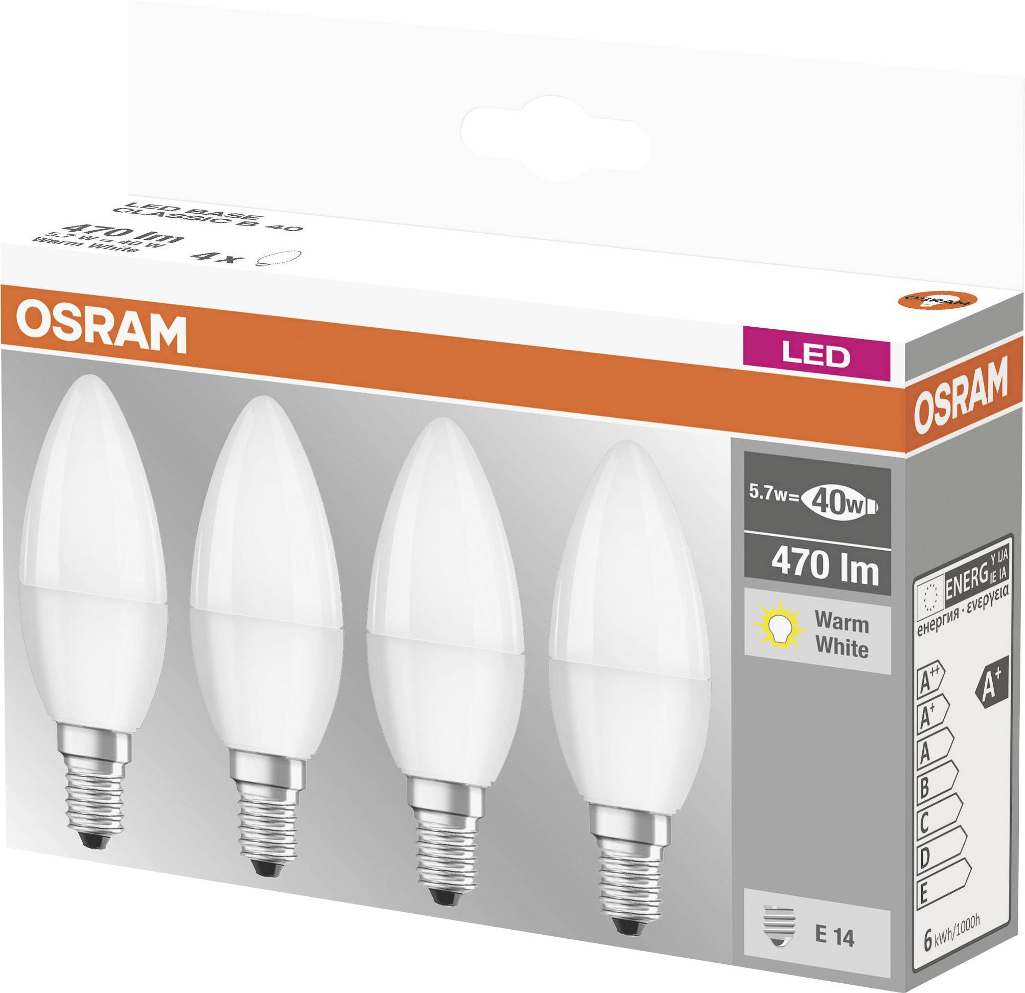 Paket od četiri LED žarulje marke Osram, 5,7W ekvivalent 40W, 470 lumena, toplo bijelo svjetlo, energetski razred A++.