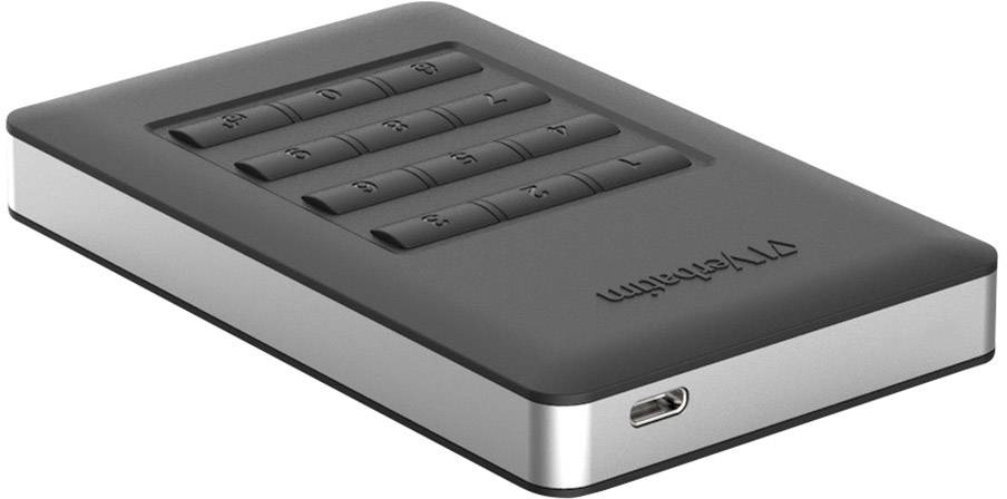 Vanjski tvrdi disk s tipkama za zaštitu lozinkom na vrhu, dizajn u crno-srebrnoj boji, pokazuje USB priključak sa strane.