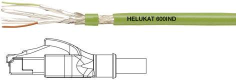 Zeleni Ethernet kabel s oznakom 'HELUKAT 600IND' i crtežom priključka. Glavna primjena: industrijska umrežavanje.