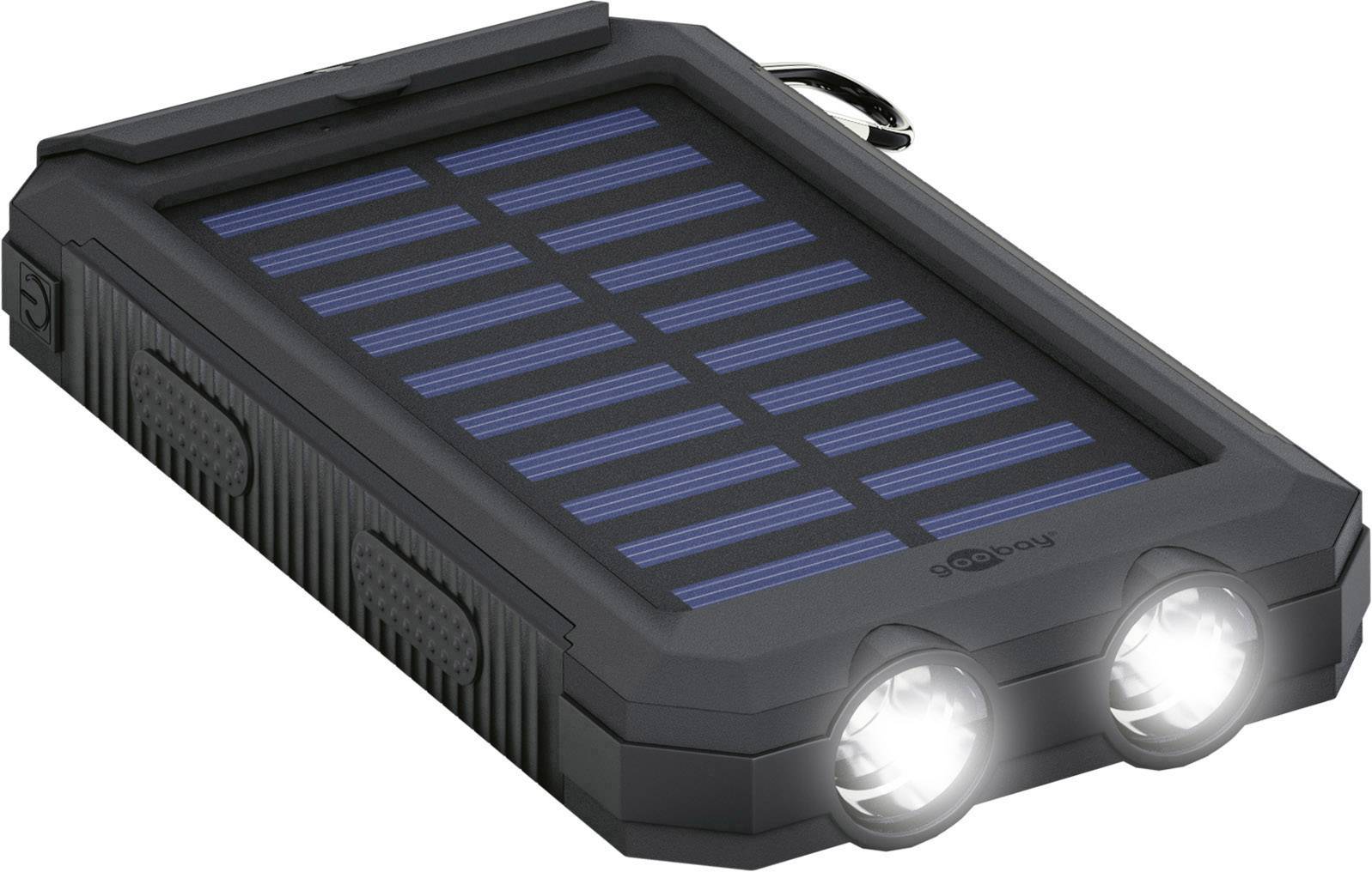 Crno, prijenosno solarno punjenje s dvije sijajuće LED lampice na prednjoj strani i solarnim panelom na vrhu.