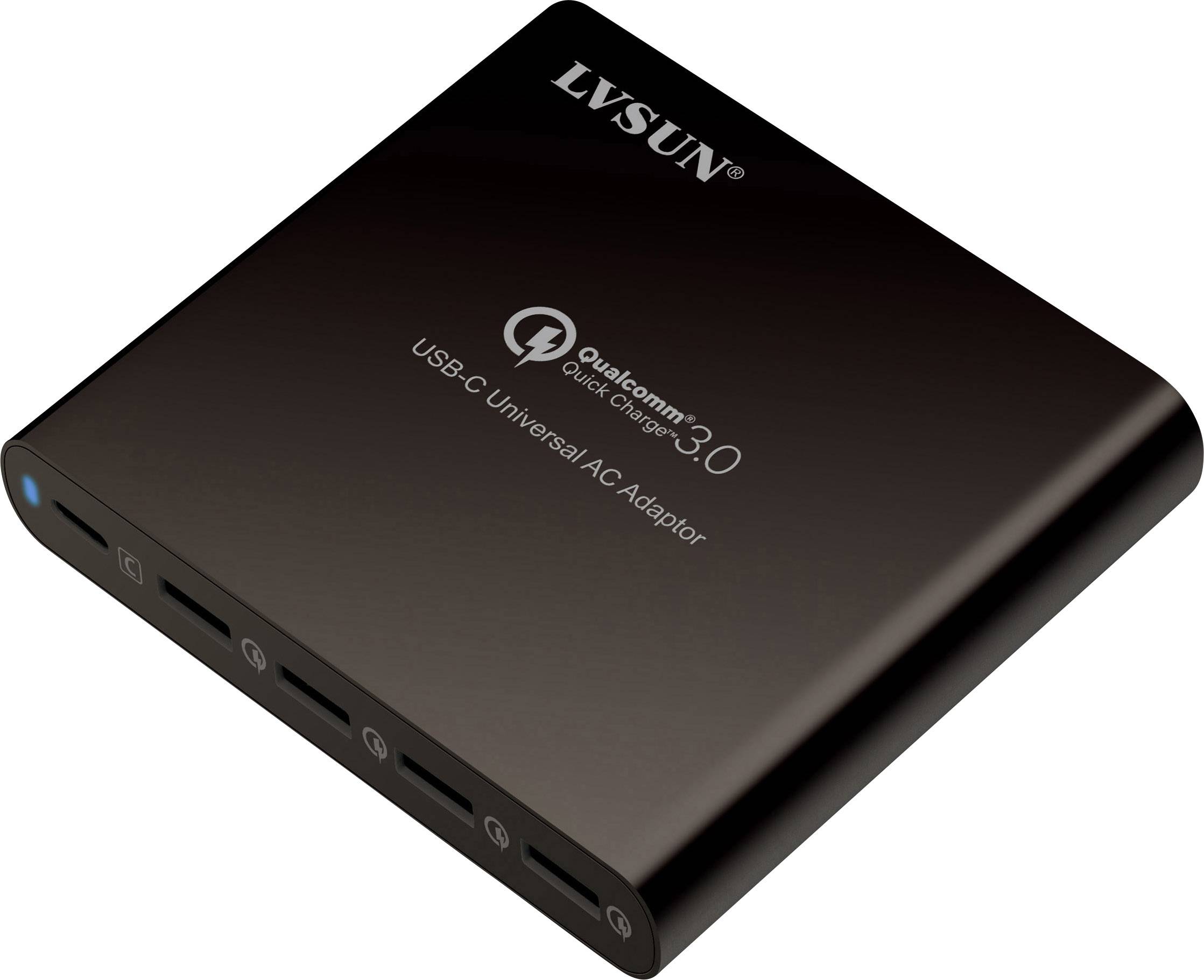 Crni punjač s natpisom 'LVSUN' i 'Qualcomm Quick Charge 3.0', opremljen je s više USB priključaka.