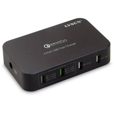 Crni 4-portni USB punjač za brzo punjenje sa Qualcomm Quick Charge 2.0 tehnologijom, bočnim priključkom za napajanje i četiri USB priključka.
