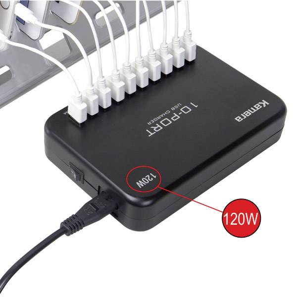 USB punjač sa 10 priključaka, napajan mrežnim kabelom, prikazuje izlaznu snagu od 120W.