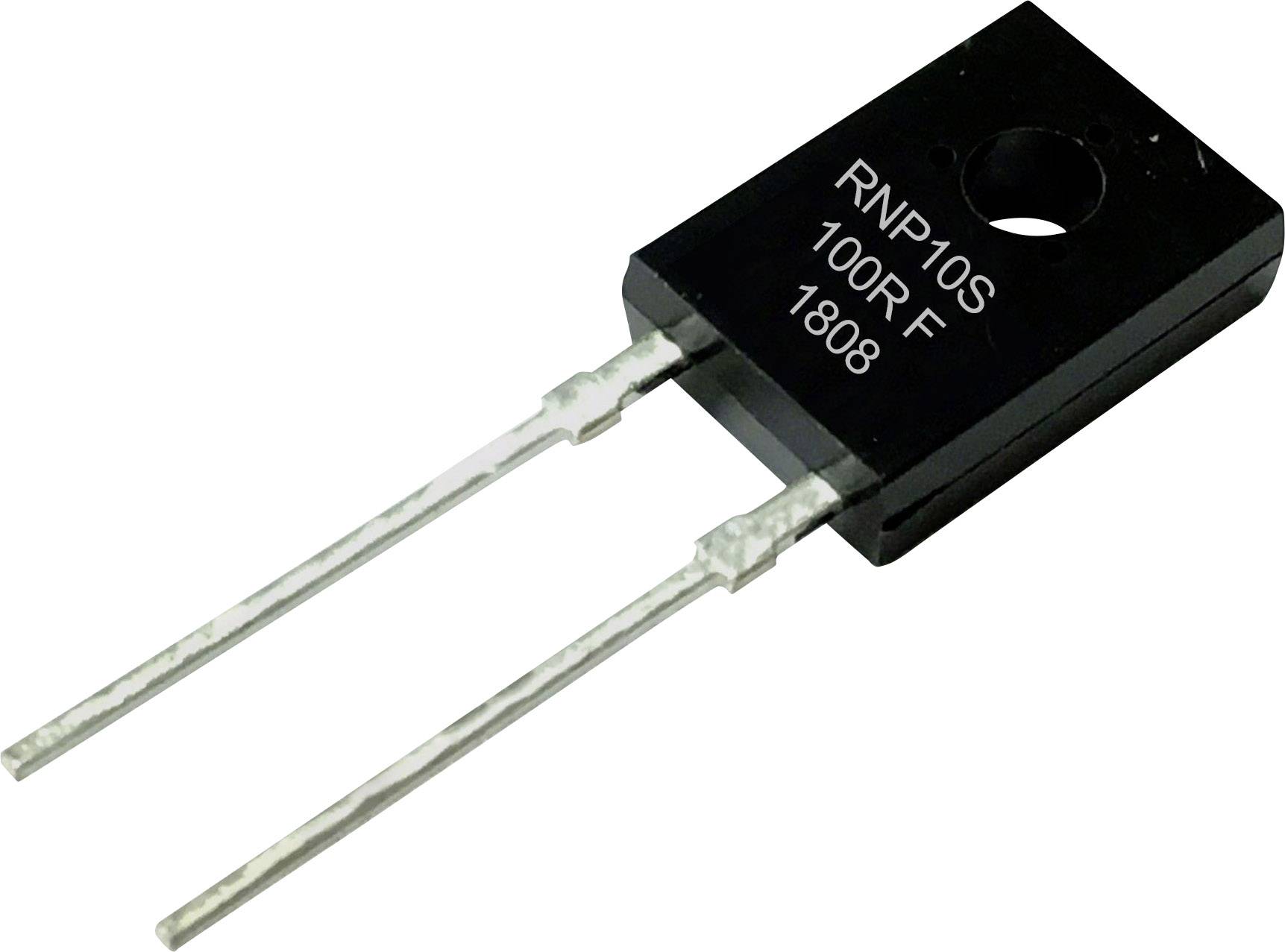 Crni elektronički otpornik s natpisom 'RNP10S 100R F 1808'. Dva metalna pins-a se pružaju van.