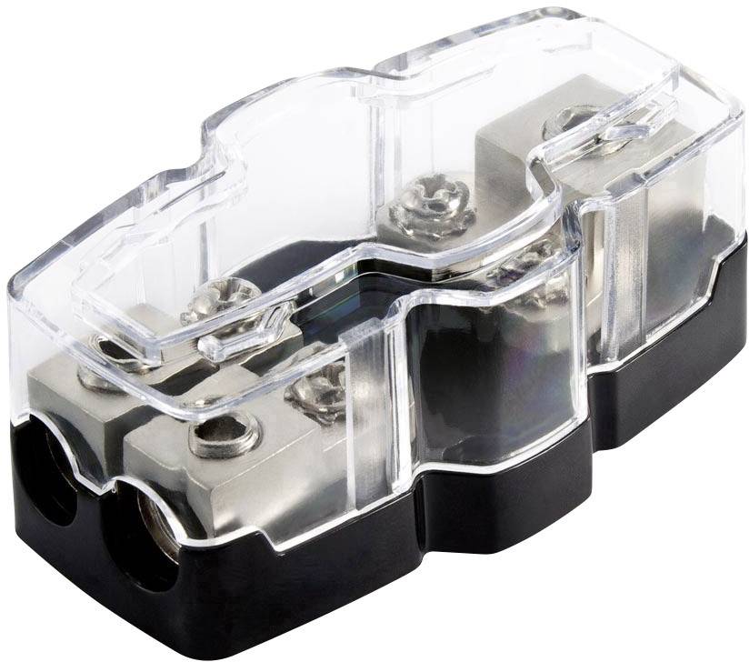 Prozirni plastični priključak s metalnim kontaktima i vijcima, pogodan za spajanje kabela.