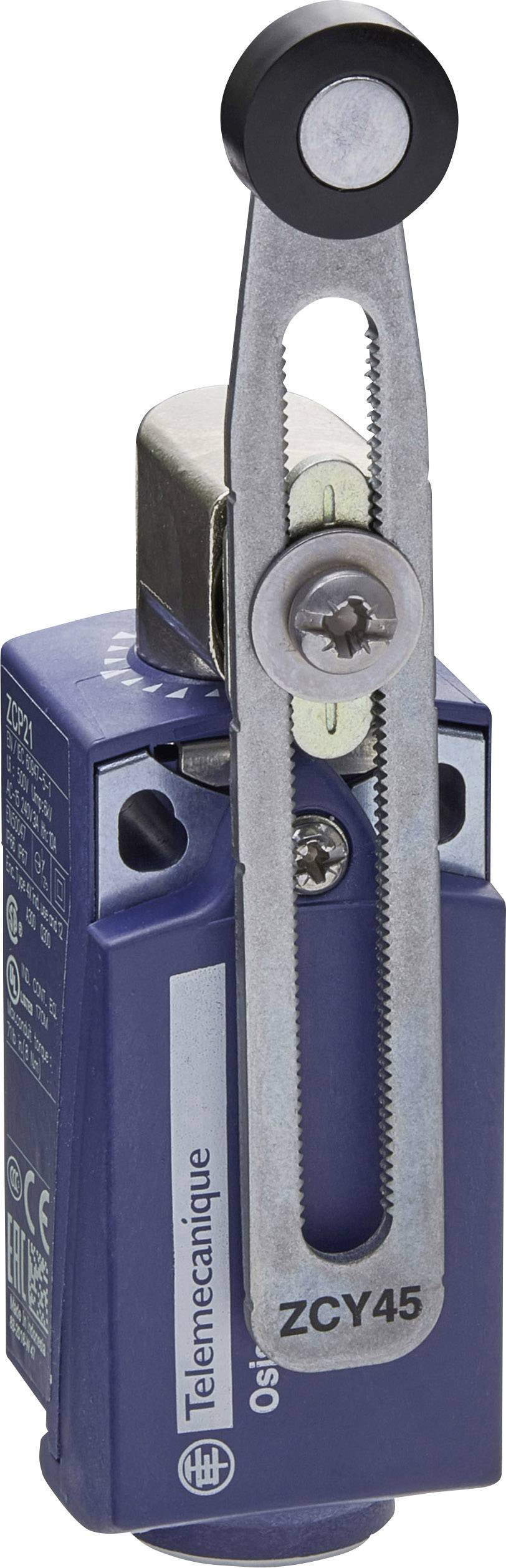 Plavi granični prekidač s polugom i valjkom, model 'ZCY45' od Telemecanique-a, za upravljanje kretanjima stroja.