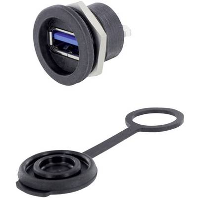 USB priključak s poklopcem. Priključak je cilindričnog oblika i crne boje, s plavim USB ulazom; poklopac je okrugao i opremljen trakom za učvršćivanje.