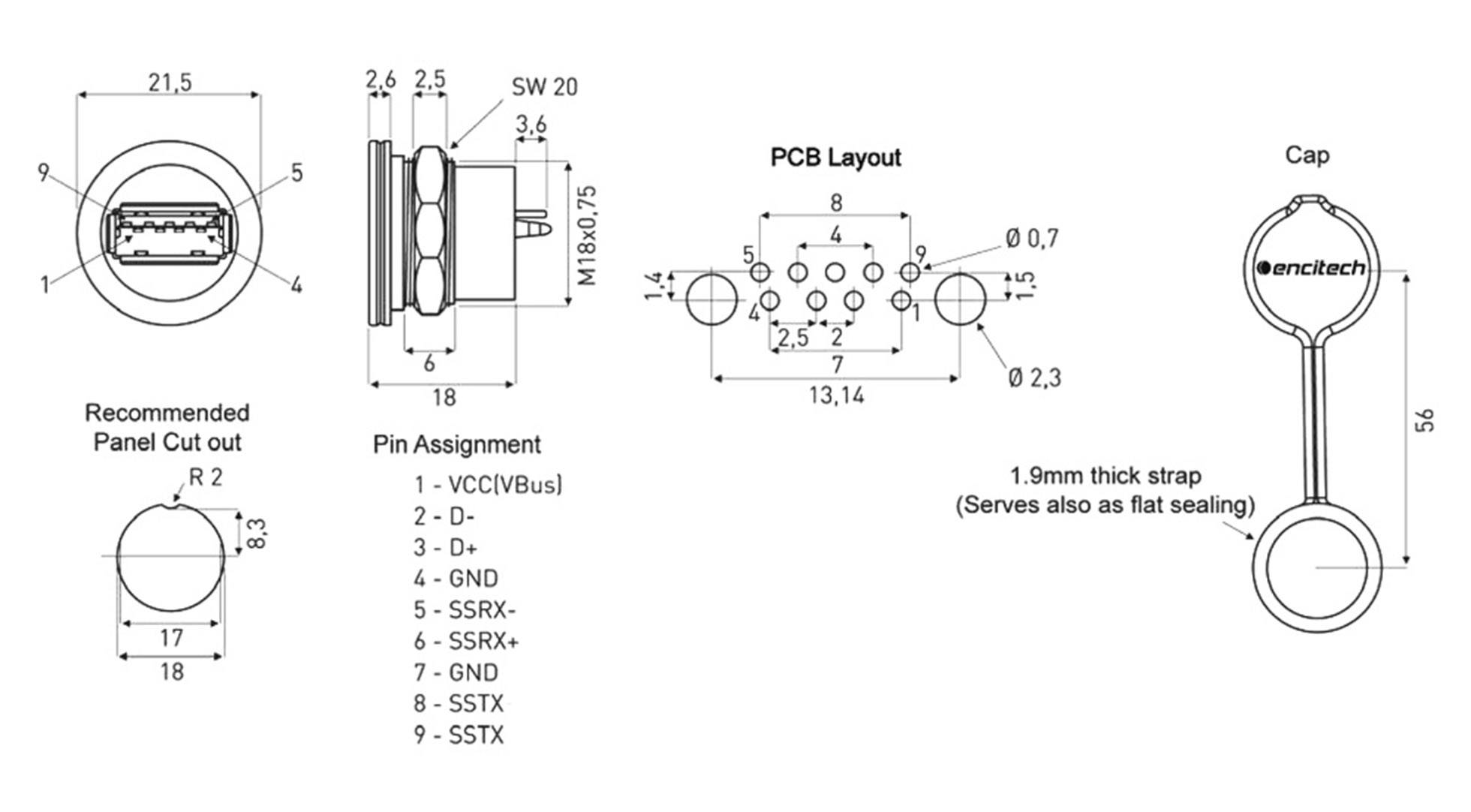 'USB-C Panel Mount' priključni dijagram s dimenzijama, preporučenim otvorom za ploču, rasporedom pinova, PCB rasporedom i detaljima poklopca.