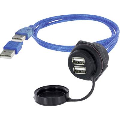 Plavi USB kabel s crnim adapterom koji obuhvaća dva USB priključka. Pogodan za spajanje na različite uređaje.