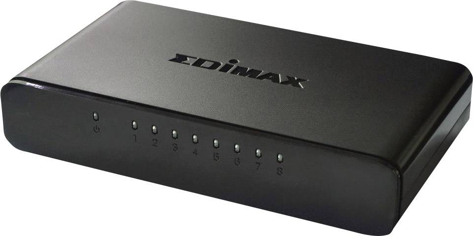 Crni mrežni switch s natpisom 'EDIMAX' na vrhu. Osam numeriranih LED indikatorskih lampica na prednjoj strani.