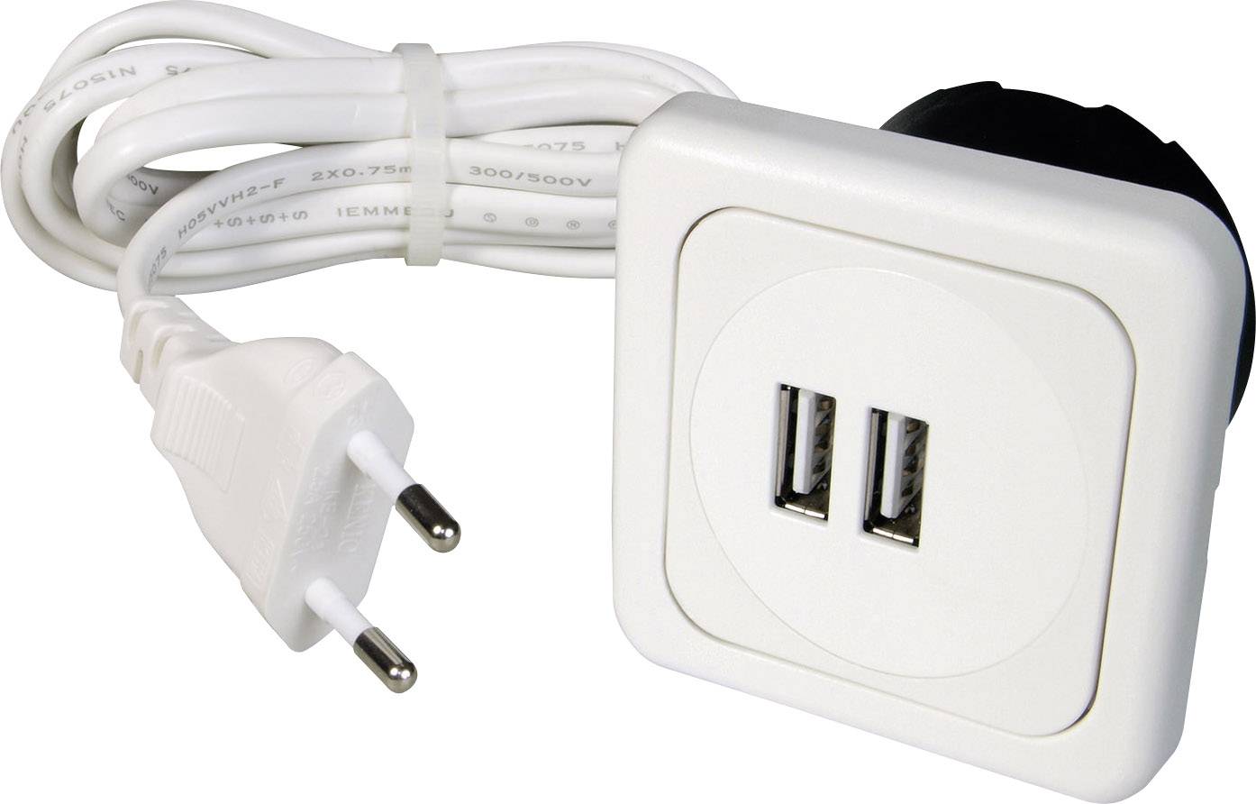 Bijeli utičnica s dva USB priključka i priključenim mrežnim kabelom. Pogodan za punjenje elektroničkih uređaja.