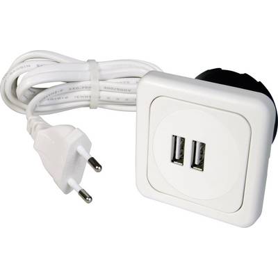 Bijeli utičnica s dva USB priključka i priključenim mrežnim kabelom. Pogodan za punjenje elektroničkih uređaja.