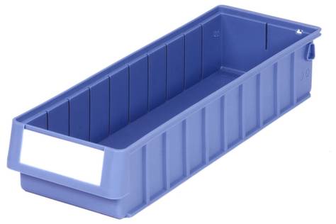 Plavi plastični spremnik pravokutnog oblika s otvorenim vrhom i poljem za natpis na prednjoj strani.