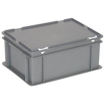 Siva plastična kutija s poklopcem, slagiva, pravokutnog oblika. Pogodna za skladištenje i transport robe.
