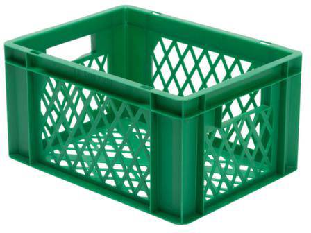 Zelena, pravokutna plastična kutija s rešetkastom strukturom.