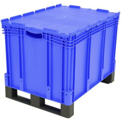Plavi plastični kontejner na crnoj paleti. Sa strane su ugrađene ručke za nošenje. Pogodan za skladištenje i transport.