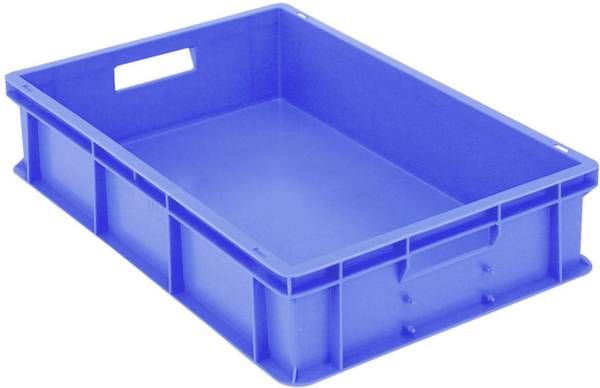 Plava, pravokutna plastična kutija s otvorom za rukohvat sa strane, koja stoji na bijeloj površini.