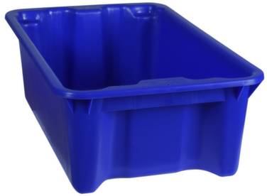 Velika plava plastična posuda s povišenim stijenkama, pogodna za skladištenje ili transport.