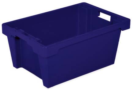Plava plastična kutija pravokutnog oblika s ručkama sa strana. Pogodna za pohranu ili transport robe.