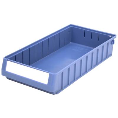 Plavi, pravokutni plastični spremnik s nosačem etikete, korišten za skladištenje i organizaciju malih dijelova ili robe.