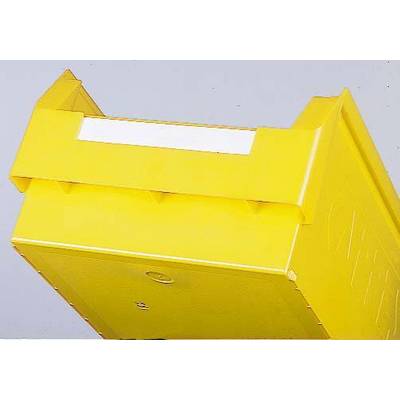 Žuti plastični kontejner s bijelim područjem za naljepnicu na vrhu, postavljen ispred sive pozadine.