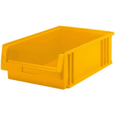 Žuta plastična kutija pravokutnog oblika i glatkih stranica. Pogodna za čuvanje ili transport predmeta.