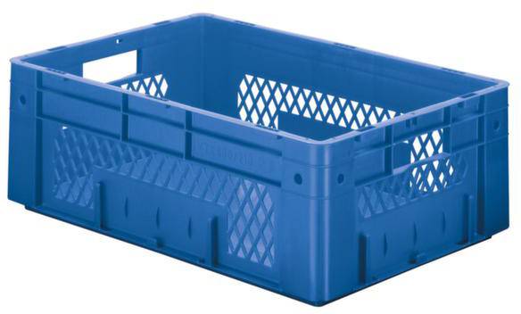 Plava plastična kutija s rešetkastim uzorkom, prazna i pravokutna, pogodna za pohranjivanje i transport predmeta.
