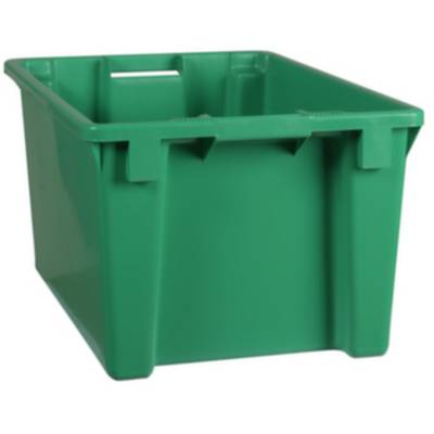 Zelena plastična kutija čvrstih stijenki, pogodna za skladištenje ili transport robe.