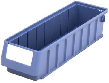 Plava plastična kutija pravokutnog oblika s bijelim poljem za naljepnicu, namijenjena pohrani manjih predmeta.