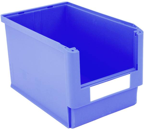 Plavi plastični kontejner s otvorenom prednjom stranom, pravokutnog oblika. Idealan za pohranjivanje malih predmeta ili organizaciju.