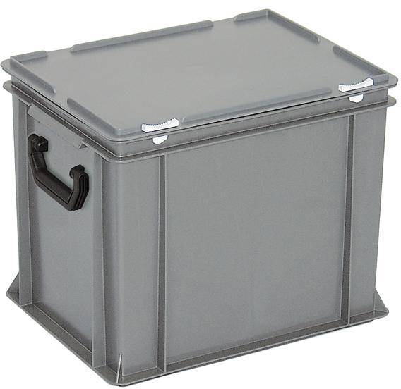 Siva plastična kutija s poklopcem i bočnim ručkama, pogodna za pohranu ili transport predmeta.