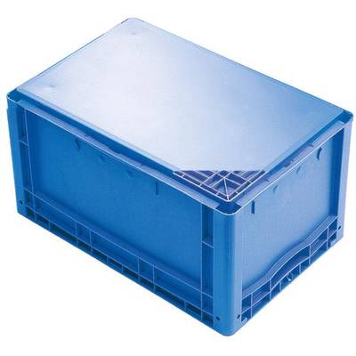 Plavi plastični kontejner sa ojačanim uglovima i skladivim dizajnom, pogodan za skladištenje i transport robe.