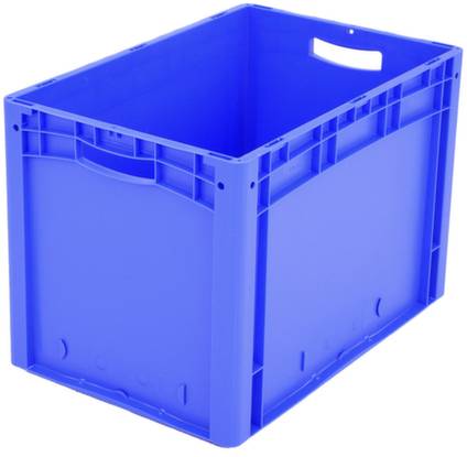 Plava plastična kutija s otvorima za rukohvate sa strane, pogodna za pohranjivanje ili transport predmeta.
