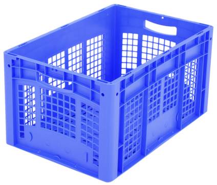 Velika, plava plastična kutija s rešetkastim stranama i ručkama, idealna za slaganje i transport predmeta.