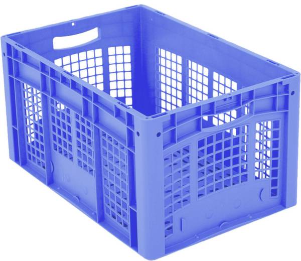 Plava plastična kutija s rešetkastim stranicama i ručkom, pogodna za skladištenje i transport različitih predmeta.