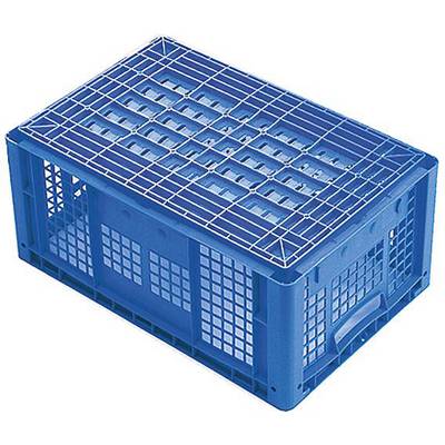 Plava plastična kutija s mrežastim dizajnom, idealna za skladištenje ili prijevoz robe.