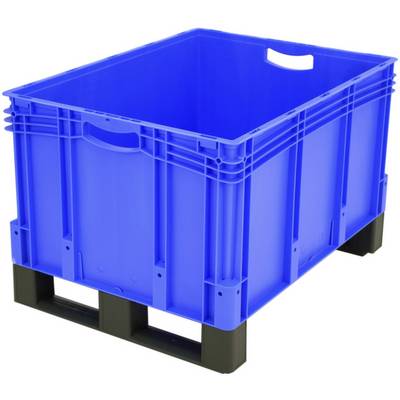 Plava plastična kutija na crnom postolju, pravokutnog oblika s otvorenim ručkama. Koristi se za skladištenje ili prijevoz robe.