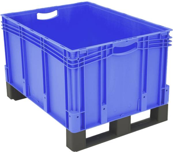 Plava plastična kutija s crnim nogama, koristi se za slaganje i pohranjivanje robe ili materijala.