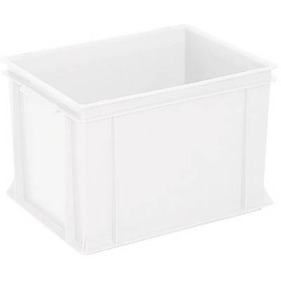 Bijeli, pravokutni plastični sanduk s otvorenim poklopcem, pogodan za pohranu ili transport predmeta.