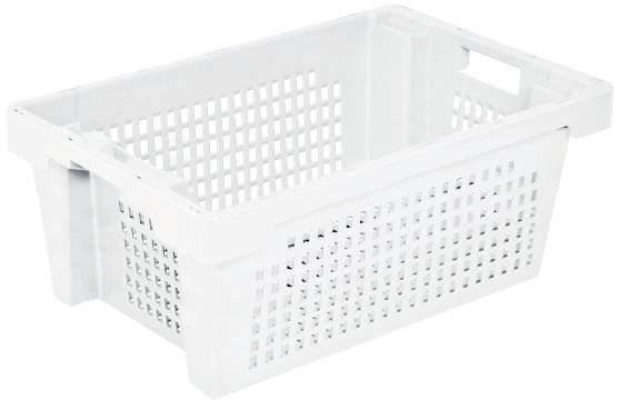 Prazan, bijeli plastični košara s rešetkastom strukturom, pravokutnog oblika i pogodan za slaganje.