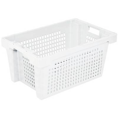 Bijeli plastični sanduk s rešetkastim otvorima, pravokutnog oblika, pogodan za skladištenje ili transport robe.