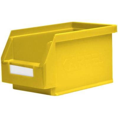 Žuta plastična kutija s otvorenim prednjim dijelom i ugrađenom ručkom; pogodna za pohranu i organizaciju sitnih predmeta.