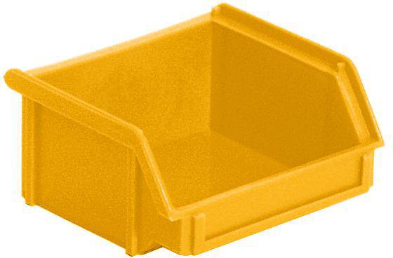 Žuta plastična kutija s otvorenom prednjom stranom, pogodna za pohranu sitnih predmeta ili materijala.