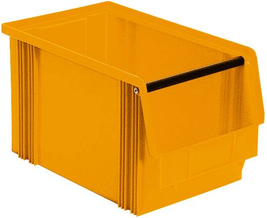 Žuti plastični spremnik s ručkom, pogodan za pohranu materijala ili alata. Sa strukturnim ojačanjima sa strana.