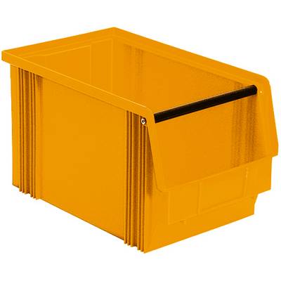 Žuti plastični spremnik s ručkom, pogodan za pohranu materijala ili alata. Sa strukturnim ojačanjima sa strana.