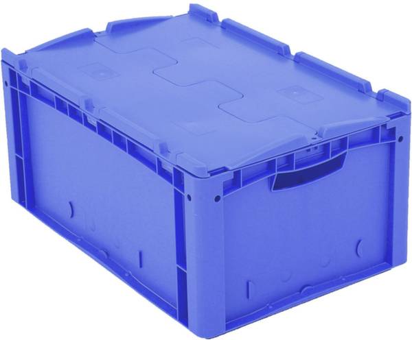 Plavi plastični kontejner s poklopcem, pravokutnog oblika, robusne izvedbe. Koristi se za pohranu ili transport predmeta.
