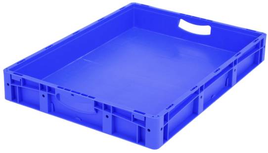 Plava, pravokutna plastična kutija s ručkom na kraćoj strani.