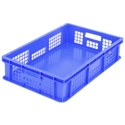 Plava plastična gajba s otvorenim rešetkastim stranicama. Koristi se za transport i skladištenje robe.