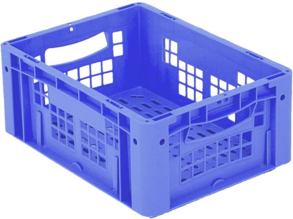 Plava plastična gajba s rešetkastim dizajnom, podesna za skladištenje i transport robe.