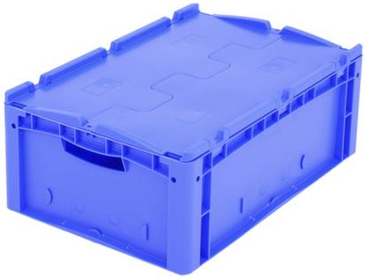 Plava plastična kutija s poklopcem, pravokutnog oblika, koja se može slagati i pogodna je za pohranu ili prijevoz.